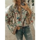 Γυναικείο boho πουκάμισο με λουλουδάτο σχέδιο και πουλιά Μακριά φαρδιά μανίκια Κολάρο σε V με κουμπιά Διακοσμητικά περιθώρια στις άκρες 4