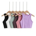 Γυναικείο crop top με φαρδιά τιράντα και O λαιμόκοψη Μονοχρωμία κοντό τοπ από πολυεστέρα και σπάντεξ Ελαστική γραμμή 2