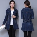 Γυναικείο διπλό τζιν παλτό Μακρύ κομμένο στυλ Πέτο και ζώνη με φιόγκο στην πλάτη Σκούρο μπλε τζιν από βαμβάκι και πολυεστέρα 2