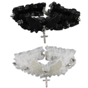 Γυναικείο κολιέ choker από δαντέλα με φτερά, μεταλλικά καρφιά και κρεμαστό σταυρό, κολιέ με κούμπωμα για κοινωνική χρήση 4
