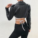Γυναικείο κοντό μπουφάν τύπου biker από τεχνητό δέρμα σε μαύρο χρώμα Crop κόψιμο Γιακάς με κουμπιά Επιθέματα στους ώμους Φερμουάρ στα μανίκια 4