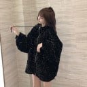 Γυναικείο μπουφάν με λαμπερές παγιέτες και κουκούλα Ελεύθερη oversized γραμμή Φουσκωτά μανίκια Φερμουάρ Δείτε μήκος πάνω από τους γοφούς 3