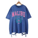 Γυναικείο oversized μπλουζάκι MALIBU BEACH με vintage εκτύπωση και διακοσμητικό δέσιμο Streetwear κορυφή Χαλαρή καλοκαιρινή μόδα Στυλάτα ρούχα ελεύθερου χρόνου 2