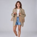Γυναικείο ρετρό σακάκι με φούντες ελεύθερη oversized γραμμή κλείσιμο με κουμπιά και πέτα μπεζ παρατεταμένο σακάκι για την πόλη και τη δουλειά 8