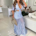 Γυναικείο ριγέ crop top και φούστα B932 3