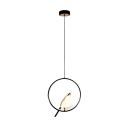 Hængende LED-lysekrone med rund siddepind og dekorativ fugl Moderne designlampe Diameter 29 cm Varmt hvidt lys 3000K 31W 90-260V Justerbart ophæng 150 cm 1