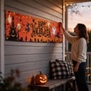 Halloween Banner Happy Halloween mit Kürbissen und Geistern 200 x 40 cm Polyester mit Metallösen Orange Dekoration für Zaun und Veranda Party Schild 2