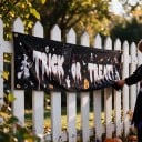 Halloween banner Trick or Treat med hekse 200 x 40 cm Polyester med metaløjer Sort-hvid dekoration til hegn og veranda Fest skilt 3