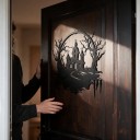 Halloween Dekoration für Türen Gespenstisches Haus mit Türmen und Bäumen 30 x 29 cm Metall-Silhouette Eisen Schwarz Dekoratives Schild Eingangsschmuck 2