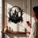 Halloween Dekoration für Türen Gespenstisches Haus mit Türmen und Bäumen 30 x 29 cm Metall-Silhouette Eisen Schwarz Dekoratives Schild Eingangsschmuck 4