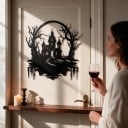 Halloween-koriste ovelle Kummitusmaja torneineen ja puineen 30 x 29 cm Metallinen siluetti Rautaa Musta Koristeellinen kyltti Sisäänkäynnin koristelu 4