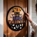Halloween-koriste ovelle tai seinälle Pyöreä kyltti Happy Halloween 40 cm Littee 2D Kummitustalo ja haamut Värikäs sisustus 6
