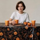 Halloween Tablecloth with Pumpkin Design Rectangular 130 x 220 cm Glossy Surface Black with Orange Pumpkins Party and Celebration Decoration 3