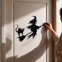 Halloweendecoratie voor de deur Heks met kat op bezem 30 x 25 cm Metalen silhoutte Ijzer Zwart Decoratieve bord Versiering van de ingang en woning 6
