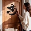 Halloweendecoratie voor de deur Heks op bezem met halve maan 30 x 26 cm Metalen silhouet Ijzer Zwart Decoratieve bord Versiering van de ingang 2