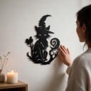Halloweendekoration til dør eller væg Kat med heksehue Højde 30 cm Metal silhuet Jern Sort Indgangs- og boligdekoration 5