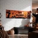 Halloweeni banner Boldog Halloweent! Fém szemekkel 200 x 40 cm Poliészter Narancs-fekete Dekoráció kerítésre és teraszra Parti tábla 2