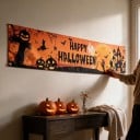Halloweeni banner Boldog Halloweent! Fém szemekkel 200 x 40 cm Poliészter Narancs-fekete Dekoráció kerítésre és teraszra Parti tábla 5