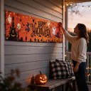 Halloweeni banner Boldog Halloweent kívánok tökök és szellemek 200 x 40 cm Poliészter fém szemekkel Narancssárga dekoráció kerítésre és teraszra Parti 2