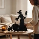 Halloweeni dekoráció ajtóra: Boszorkány a katlan mellett seprűvel és macskával 29 x 30 cm Fekete sziluett Díszítő tábla Bejárat és lakás dekoráció 5