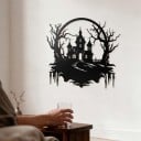 Halloweeni dekoráció az ajtóra: Rémisztő ház tornyokkal és fákkal 30 x 29 cm Fém sziluett Vas Fekete Dísztábla Bejárat díszítése 3