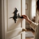 Halloweensk dekorationsophæng til døre Heks med kat på kost 25 x 20,5 cm Jern Sort Metal skilt Indgangs- og dørudsmykning 3