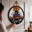 Halloweenská dekorace na dveře nebo stěnu Kulatá cedule Happy Halloween 40 cm Plochá 2D Strašidelný dům a duchové Barevná Výzdoba vchodu 2