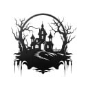 Halloweenská dekorace na dveře Strašidelný dům s věžemi a stromy 30 x 29 cm Kovová silueta Železo Černá Ozdobná cedule Výzdoba vchodu 5