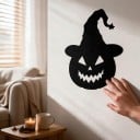 Halloweenská dekorácia na dvere alebo stenu Vyrezávaná tekvica s čarodejníckym klobúkom 25 x 30 cm Čierna silueta Ozdobná tabuľa Výzdoba bytu 4
