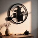 Halloweenská dekorácia na dvere Čarodejnica s mačkou na metle v kruhu 30 x 29 cm Plochá 2D silueta Čierna Ozdobná tabuľa Výzdoba vchodu 3