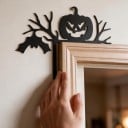 Halloweenska rogowá dekoracja na zárubeń Sada 2 szt Dyni i ducha z nietoperzem Żelazo Czarna Metalowa ozdobna tablica Dekoracja wnętrza i wejścia 4