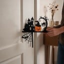 Halloweenská rohová dekorace na dveře nebo stěnu Strašidelný hrad a dýně s kloboukem 20 x 20 cm Černá a oranžová Výzdoba zárubně a rámu 4