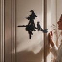 Halloweenská závěsná dekorace na dveře Čarodějnice s kočkou na koštěti 25 x 20,5 cm Železo Černá Kovová cedule Výzdoba vchodu a dveří 5