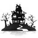 Halloweenská závěsná dekorace na dveře Strašidelný dům se stromy a hřbitovem Šířka 30 cm Černá silueta Ozdobná cedule Výzdoba vchodu a bytu 5