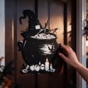 Halloweenská závesná dekorácia na dvere Čarodejnický kotol s klobúkom 25 x 30 cm Plochá 2D silueta Čierna Ozdobná tabuľa Výzdoba vchodu 3