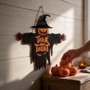 Halloweenská závesná dekorácia Trick or Treat Strašák s tekvicou 20 x 17 cm Kovová Čierno-oranžová Ozdoba na dvere a stenu na Halloween 3