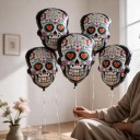 Halloweenské Nafukovacie Balónky Lebka 5 ks 67 x 50 cm Mexická Zdobená Lebka Calavera S Kvetmi a Srdiečkami Biela Čierna a Farebná Na Párty 2