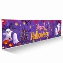Halloweenský banner Happy Halloween S duchmi a dýňami 200 x 40 cm Polyester s kovovými očkami Fialová dekorácia na plot a verandu Párty cedule 1