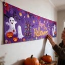 Halloweenský banner Happy Halloween S duchmi a dýňami 200 x 40 cm Polyester s kovovými očkami Fialová dekorácia na plot a verandu Párty cedule 4