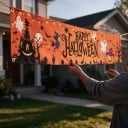 Halloweenský banner Happy Halloween S dýněmi a duchy 200 x 40 cm Polyester s kovovými očky Oranžová dekorace na plot a verandu Párty cedule 3