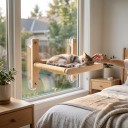 Hamaca de madera para gatos en la ventana 40 x 32 cm Cama de tela y marco de madera maciza Ventosas sin taladrar Hamaca colgante para cristal 5