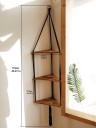 Hängande hörnhylla 32 cm Tre våningar trähylla med svart rep 122 cm för vägg Utan dekorationer 3