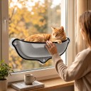 Hängender Katzenplatz für das Fenster 65 x 24 cm Gebogenes Liegekissen mit 3 Saugnäpfen Grau mit schwarzem Rand Für Glas ohne Bohren für Katzen 2