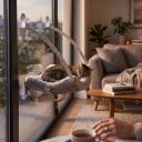 Hängender Katzenplatz für das Fenster mit Saugnäpfen 50 x 28 cm Abnehmbare Plüschunterlage Gebogenes Liegeplatz für Glas und Balkon 3
