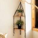 Hanging Corner Shelf 32.5 cm Two-Tier Wooden Shelf with Black Rope for Wall Storage Shelf 2