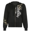 Hanorac negru pentru femei cu fermoar și glugă Print ornamental floral pe partea din față, mâneci și spate Margină lată din tricot Poliester 1