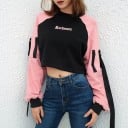 Hanorac scurt pentru femei cu gât rotund Trup negru și mâneci raglan roz Fermoare decorative și curele suspendate Poliester, bumbac și spandex 3
