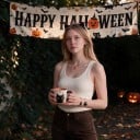 Happy Halloween Banner with Pumpkins and Ghosts 200 x 40 cm Polyester with Metal Eyelets Beige Decoration for Fence and Porch Party Sign 6