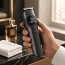 Hår- og skægtrimmer 4i1 til mænd Næse- og kropstrimmer Batteri 1500 mAh Vandtæt IPX7 LCD-display Grå Sæt til hjemmet og frisørsalonen 4