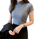 Haut en tricot à manches courtes pour femme Coupe ajustée élégante Matière douce Col montant haut Convient pour le travail et les vêtements 4